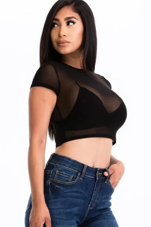 Sexy Mesh Sheer Short Sleeve Crop Top