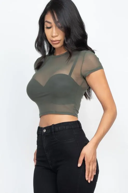 Sexy Mesh Sheer Short Sleeve Crop Top