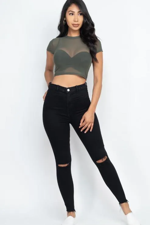 Sexy Mesh Sheer Short Sleeve Crop Top