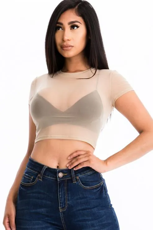 Sexy Mesh Sheer Short Sleeve Crop Top