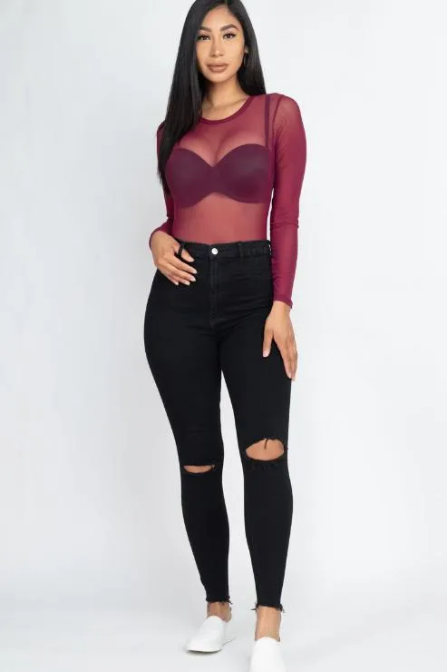 Sexy Sheer Mesh Long Sleeve Bodysuit