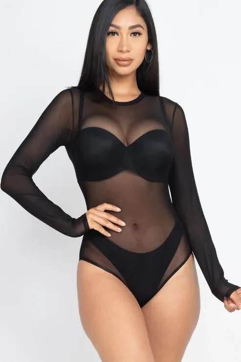 Sexy Sheer Mesh Long Sleeve Bodysuit