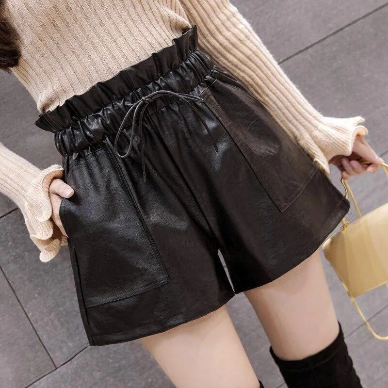 Shorts Women High Waist Outdoor PU Leather Pants Loose Casual Wide Leg Leggings