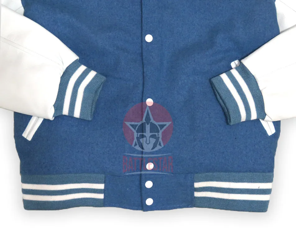 Sky Blue Wool Varsity Jacket white Leather Sleeves