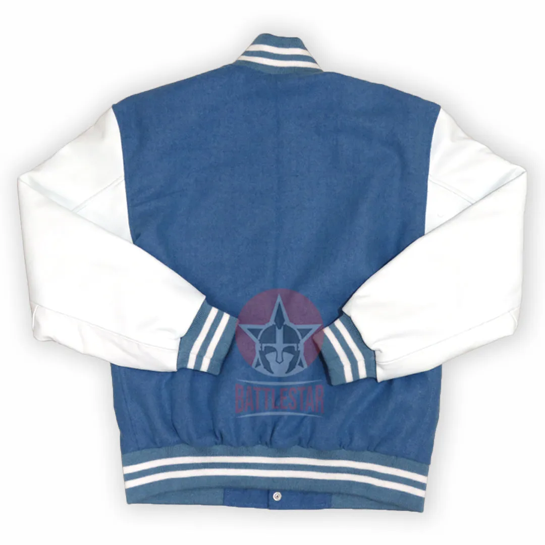 Sky Blue Wool Varsity Jacket white Leather Sleeves