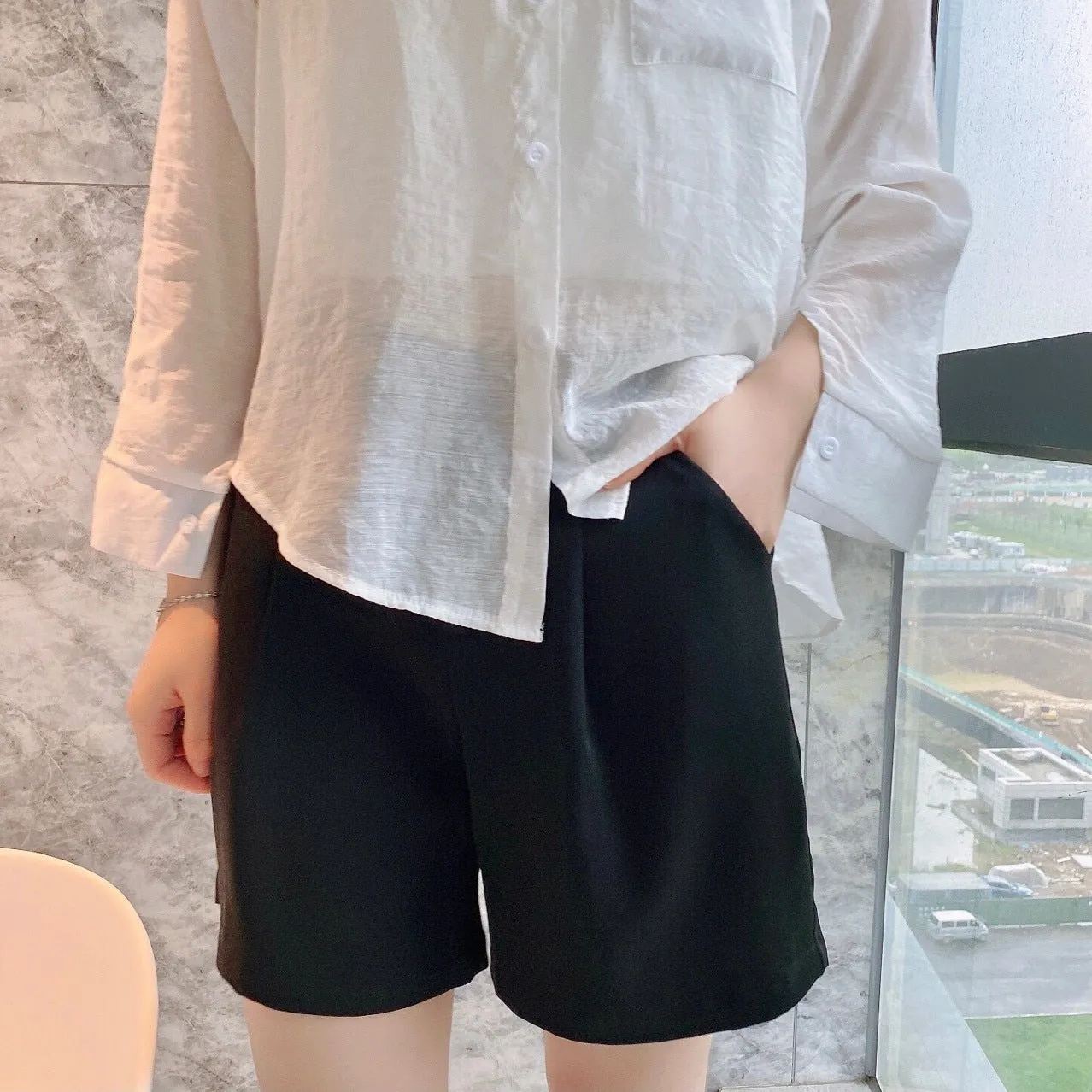 Suits Shorts Summer Women Thin A-Line Wide Leg Slim Look Black Bermuda Casual Art Elegant Bermuda Shorts