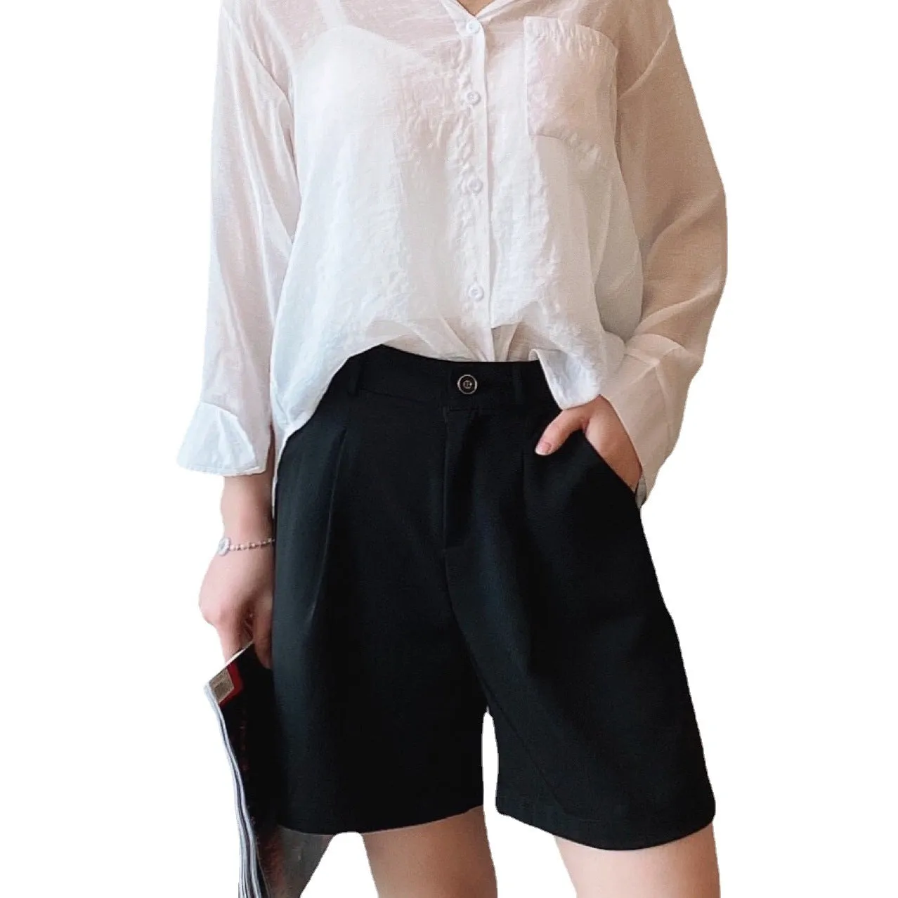 Suits Shorts Summer Women Thin A-Line Wide Leg Slim Look Black Bermuda Casual Art Elegant Bermuda Shorts