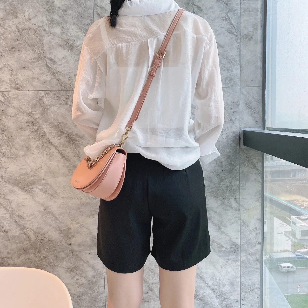 Suits Shorts Summer Women Thin A-Line Wide Leg Slim Look Black Bermuda Casual Art Elegant Bermuda Shorts