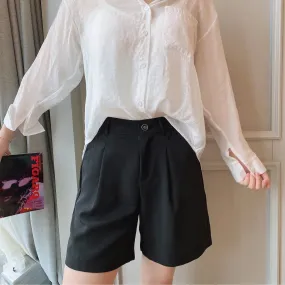 Suits Shorts Summer Women Thin A-Line Wide Leg Slim Look Black Bermuda Casual Art Elegant Bermuda Shorts