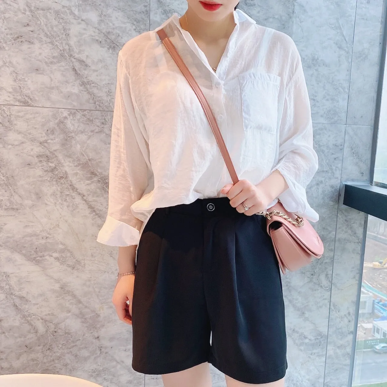 Suits Shorts Summer Women Thin A-Line Wide Leg Slim Look Black Bermuda Casual Art Elegant Bermuda Shorts