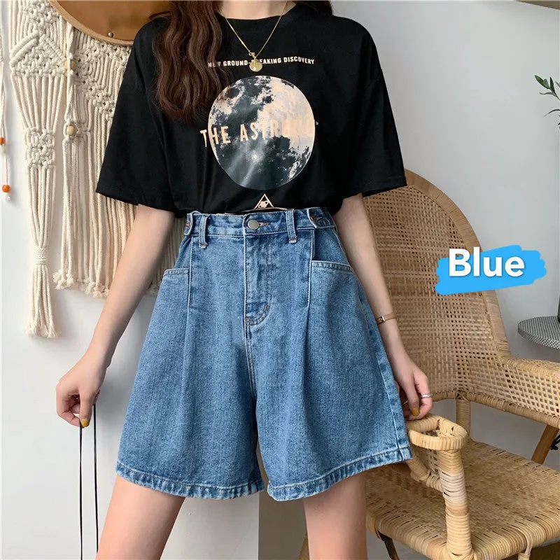 Summer Mid-Length Straight Loose Pants Thin Wide Leg Shorts High Waist Slim Look All-Matching Denim Pants Women Bermuda Shorts