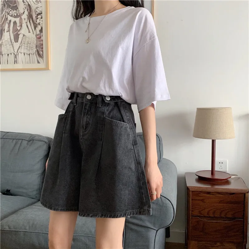 Summer Mid-Length Straight Loose Pants Thin Wide Leg Shorts High Waist Slim Look All-Matching Denim Pants Women Bermuda Shorts