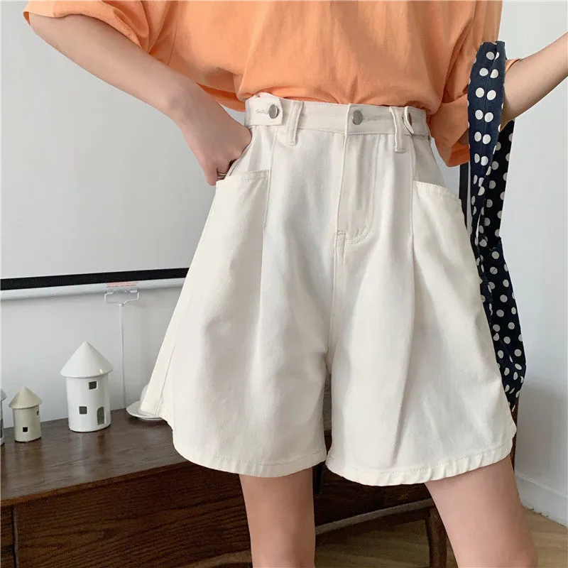 Summer Mid-Length Straight Loose Pants Thin Wide Leg Shorts High Waist Slim Look All-Matching Denim Pants Women Bermuda Shorts