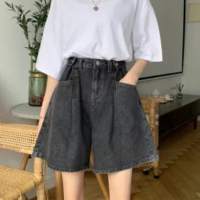 Summer Mid-Length Straight Loose Pants Thin Wide Leg Shorts High Waist Slim Look All-Matching Denim Pants Women Bermuda Shorts