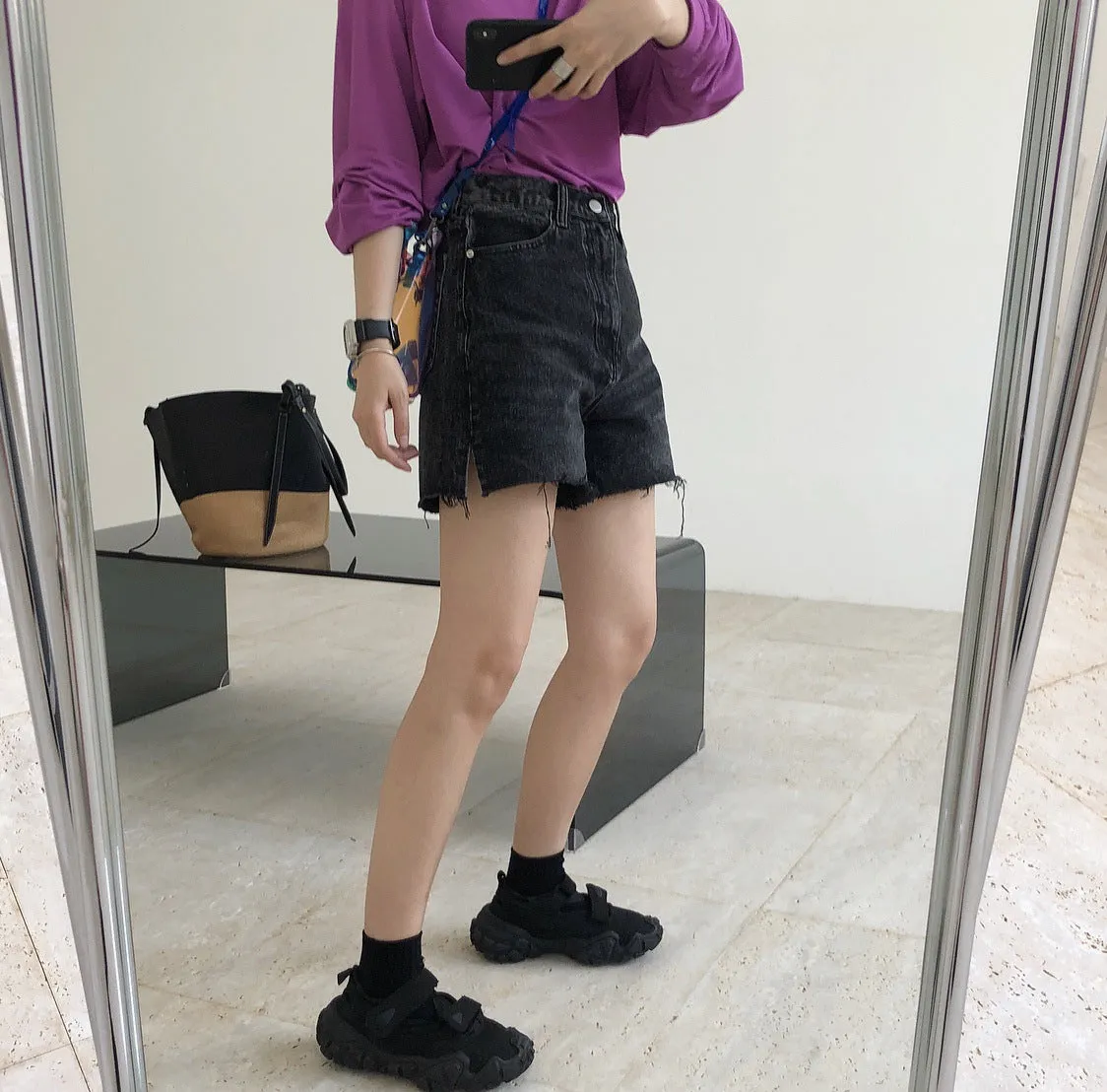 Summer retro street high waist denim shorts A word loose wide-legged thin wool pants women