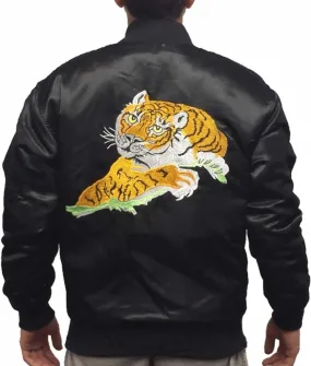 The Year of Tiger Rocky Balboa Tiger Logo Patch Satin Black Bomber Jacket