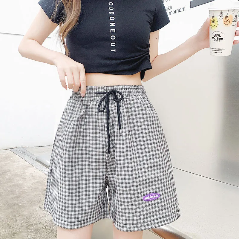 Thin Chequered Shorts Women Summer Elastic Waist Loose Wide Leg Pants Bermuda Korean Student Casual Bermuda Shorts