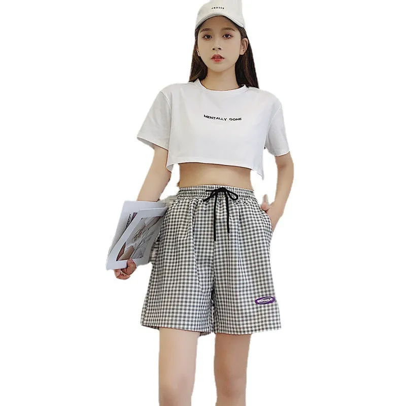 Thin Chequered Shorts Women Summer Elastic Waist Loose Wide Leg Pants Bermuda Korean Student Casual Bermuda Shorts