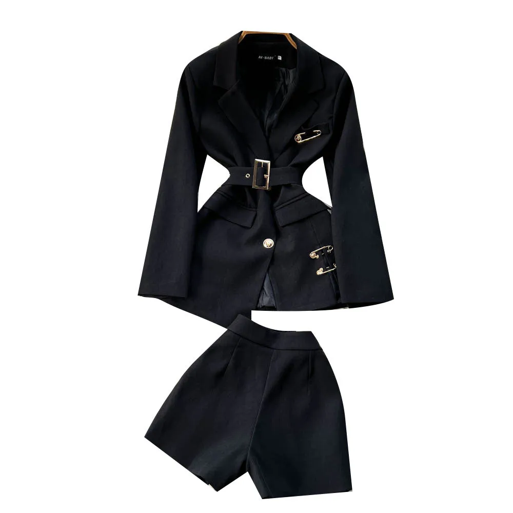 Vintage Black Blazer&Wide-legged Shorts 2Pcs