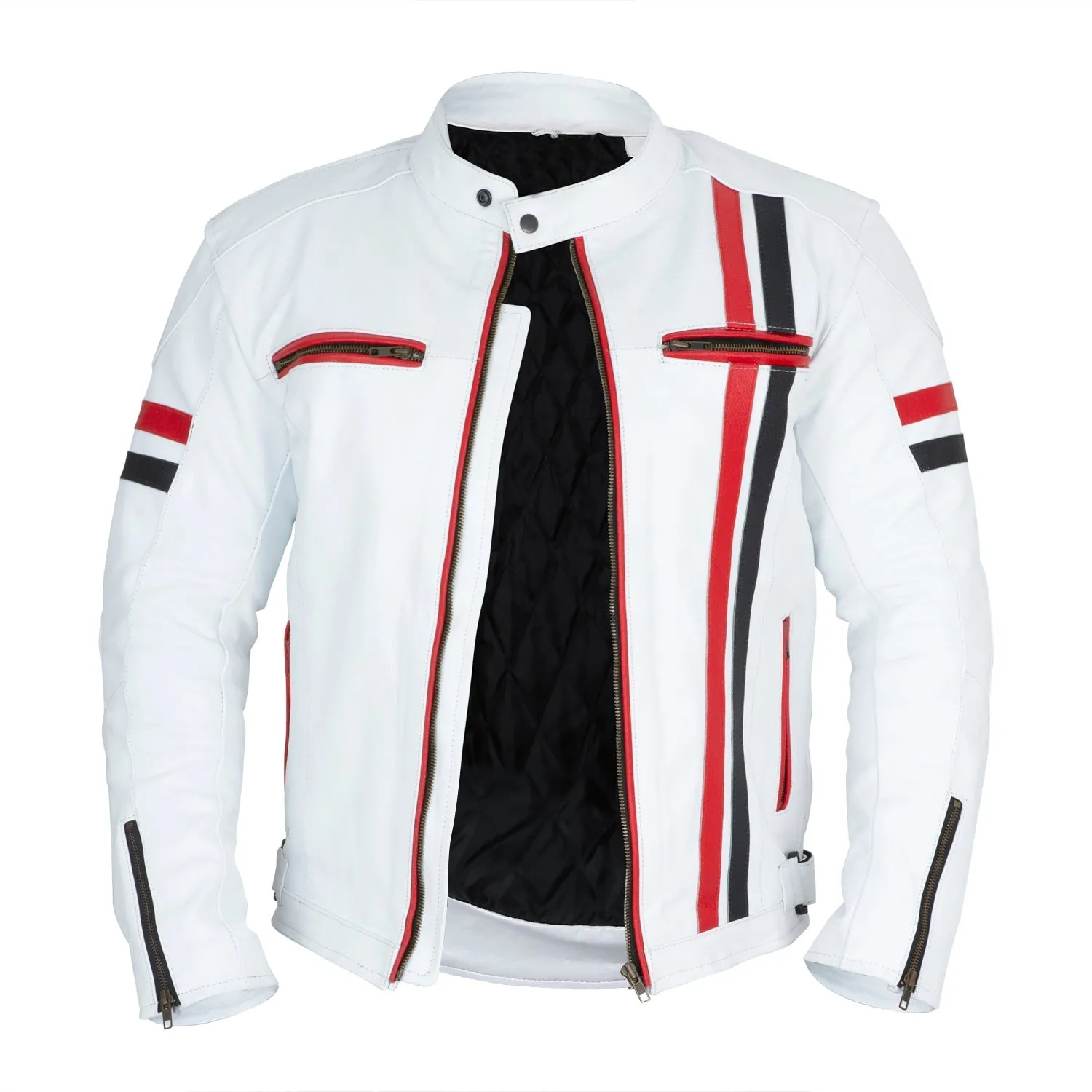 White Genuine Leather Motorcycle Jacket - Real Leather Moto Biker Jacket Mens