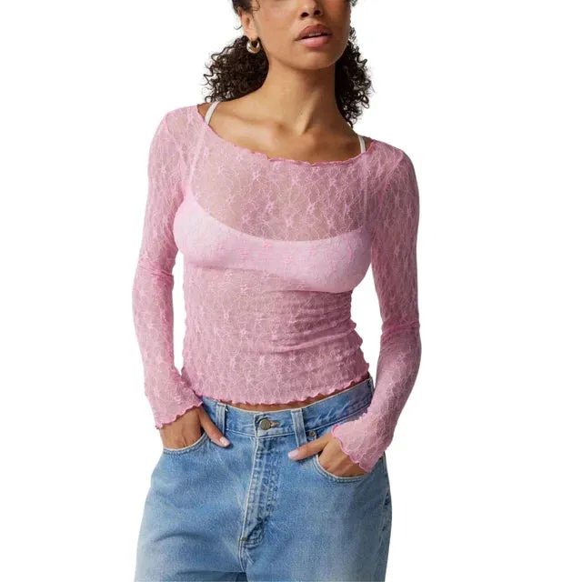 Women Lace Long Sleeve See Through Tops