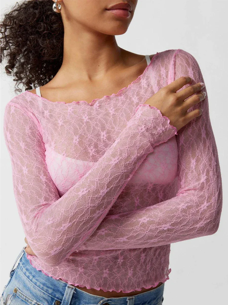 Women Lace Long Sleeve See Through Tops