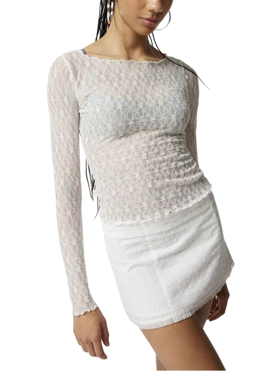 Women Lace Long Sleeve See Through Tops