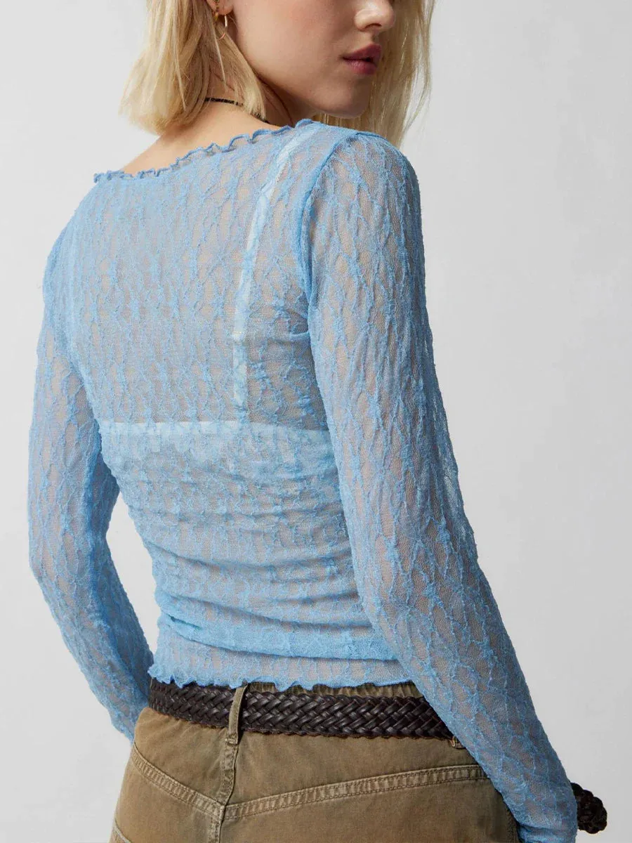 Women Lace Long Sleeve See Through Tops