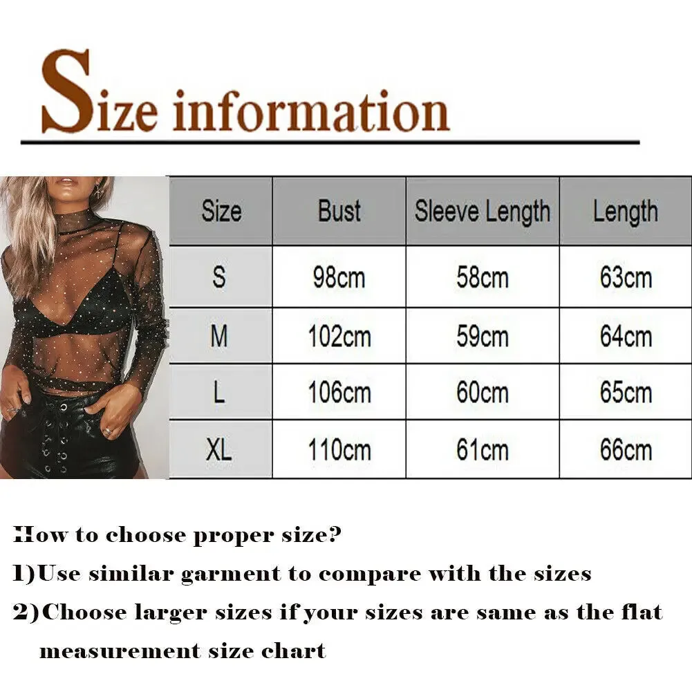 Women Sexy Mesh Long Sleeve Rhinestone Sheer Tops