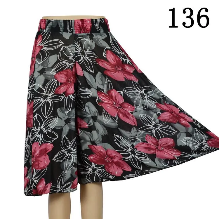 Women Summer Mom Granny Elastic Waist Ice Silk Wide Leg Pants Mid-Length Loose Casual Culottes