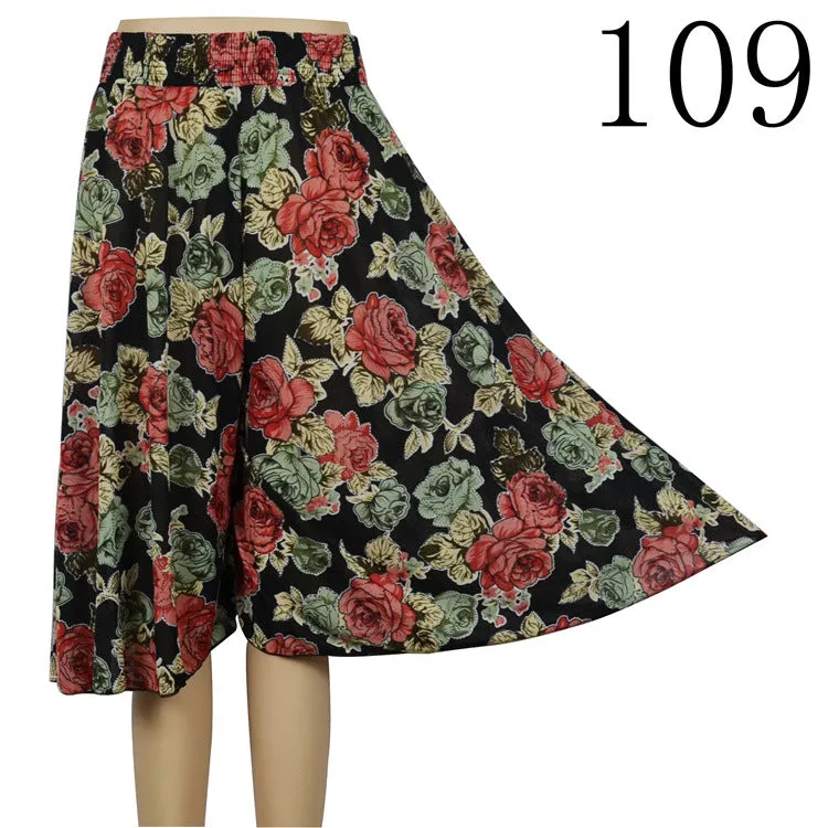 Women Summer Mom Granny Elastic Waist Ice Silk Wide Leg Pants Mid-Length Loose Casual Culottes