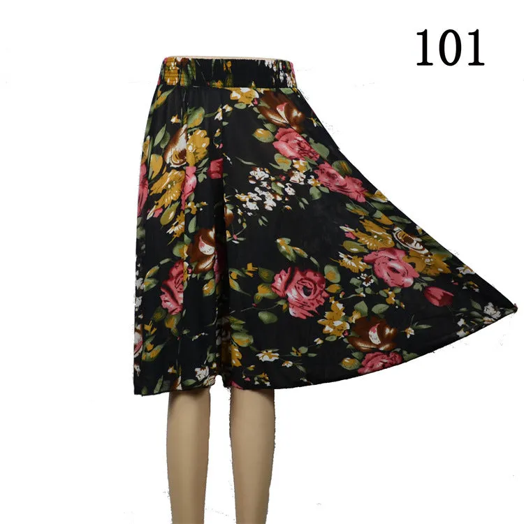 Women Summer Mom Granny Elastic Waist Ice Silk Wide Leg Pants Mid-Length Loose Casual Culottes