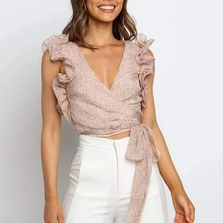 Women's Summer V-Neck Tank Ruffled Crop Top